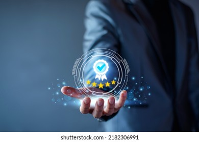 Quality Assurance Concept. Business people show high quality assurance mark, good service, premium, five stars, premium service assurance, excellence service, high quality, business excellence. - Shutterstock ID 2182306991