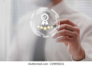 Quality Assurance Concept. Business People Show High Quality Assurance Mark, Good Service, Premium, Five Stars, High Quality, Business Excellence.