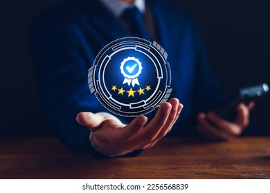 Quality Assurance Concept. Business people show high quality assurance mark, good service, premium, digital signature, premium service assurance, excellence service, high quality, excellence guarantee - Shutterstock ID 2256568839