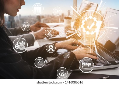 Quality Assurance and Quality Control Concept - Modern graphic interface showing certified standard process, product warranty and quality improvement technology for satisfaction of customer. - Shutterstock ID 1416086516