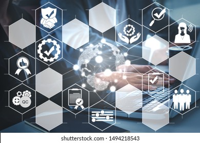 Quality Assurance and Quality Control Concept - Modern graphic interface showing certified standard process, product warranty and quality improvement technology for satisfaction of customer. - Shutterstock ID 1494218543