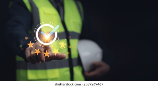 Quality assurance engineering concept with checkmark icon, rating stars and safety approval in an industrial background