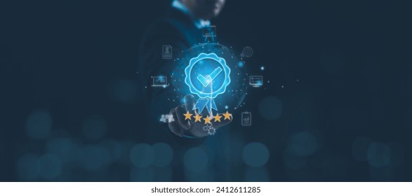 Quality assurance, Guarantee, Standards, Product and service concept, ISO certification. Businessman's hand touching the sign of the digital technology icon with check mark insurance service.
