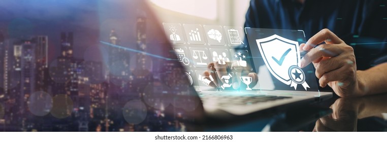 Quality assurance standard and certification. Certified internet business and services. Compliance to international guarantee. Copy space banner concept for QA management and ISO organization service. - Shutterstock ID 2166806963