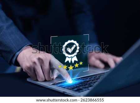 Quality certification mark on desktop, audit, business, certification, control, digital, service, complete, assessment, service and standard