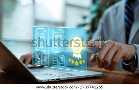 
Quality certification mark on desktop, audit, business, certification, control, digital, service, complete, assessment, service and standard 