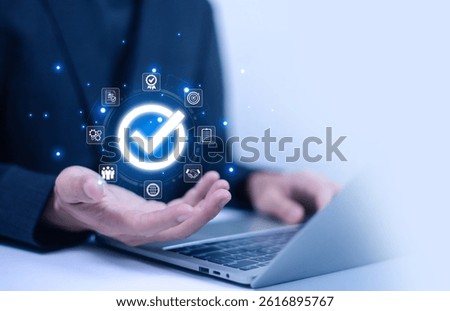 Quality certification mark on white background. Audit, Business, Assurance, Control, Digital, Service, Complete, Evaluation, Service and standards
