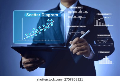 Quality control analysis tools concept with businessman using scatter diagram to analyze and mapping variable data trend of products or output to quality monitoring