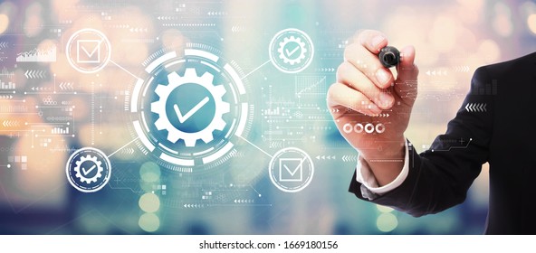 Quality control approval with businessman on blurred abstract background