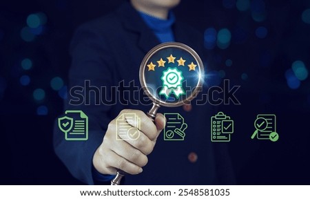 Quality Control and Certification Assurance Concept. Examines documents through magnifying glass, certificate, quality control, standards, assurance in document management