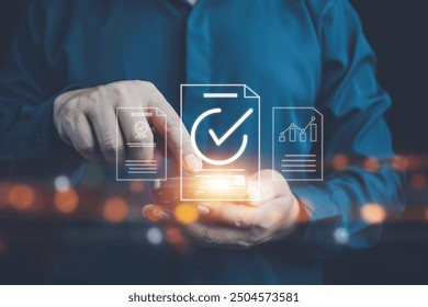 Quality control certification, checked garantee of standard of company product. Concept on virtual screen. guarantee, Standardization, certification concept. Compliance to regulations and standards.
