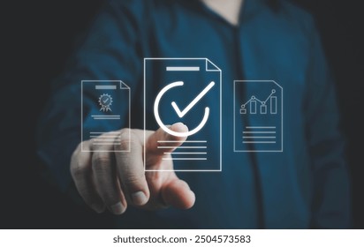 Quality control certification, checked garantee of standard of company product. Concept on virtual screen. guarantee, Standardization, certification concept. Compliance to regulations and standards.