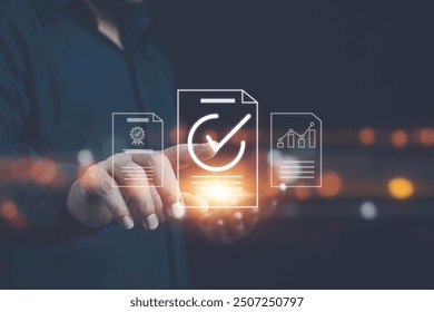 Quality control certification, checked garantee of standard of company product. Concept on virtual screen. guarantee, Standardization, certification concept. Compliance to regulations and standards.