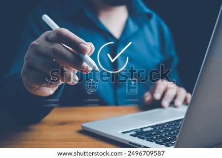 Quality control certification, checked garantee of standard of company product. Concept on virtual screen. Standardization, certification concept. Compliance to regulations and standards. 