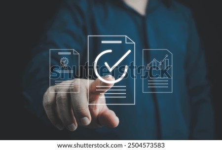 Quality control certification, checked garantee of standard of company product. Concept on virtual screen. guarantee, Standardization, certification concept. Compliance to regulations and standards.