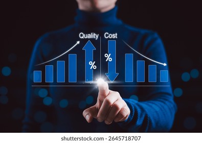 Quality control and cost optimization strategy. Businessperson analyzing graph increased quality and decreased cost, efficiency improvement, cost reduction in operations, business effective, efficient