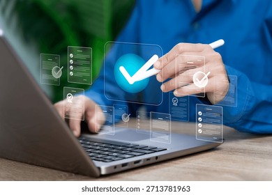 Quality Control, Digital Document Approval,  Businesswoman Reviewing, Checking, Signing Online Forms to Ensure Accurate Verification, Compliance, Standard Quality Assurance in Modern Business Workflow