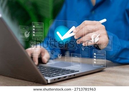 Quality Control, Digital Document Approval,  Businesswoman Reviewing, Checking, Signing Online Forms to Ensure Accurate Verification, Compliance, Standard Quality Assurance in Modern Business Workflow