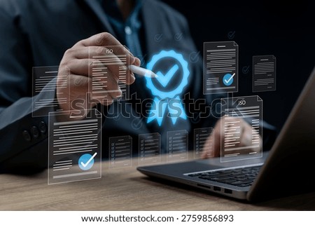 Quality control and digital document certification concept, Businessman approving compliance standards, Ensuring trust, Regulatory adherence and excellence in modern digital quality management system