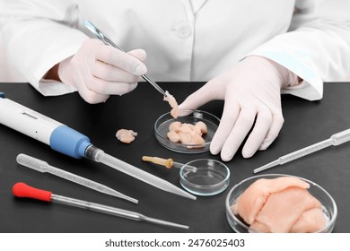 Quality control. Food inspector examining meat in laboratory, closeup - Powered by Shutterstock