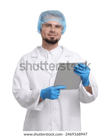 Quality control. Food inspector with tablet on white background