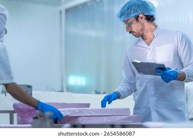 A quality control inspector in a food processing facility monitors production, ensuring hygiene, safety, and compliance with regulations in a modern industrial packaging line.