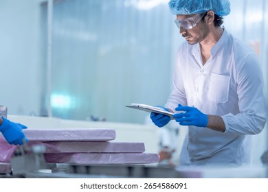 A quality control inspector in a food processing facility monitors production, ensuring hygiene, safety, and compliance with regulations in a modern industrial packaging line.