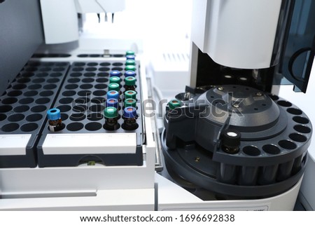 Quality Control Laboratory medicine. Chromatograph operation. makes an analysis on a gas chromatograph. Development of a new vaccine against the covid-19 virus. Pharmaceutical factory.