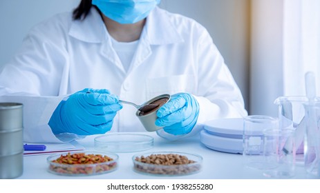 Quality control personnel are inspecting the quality of wet pet food. Tuna cat food in can. Quality of wet and dry pet food. Quality control process in pet food industry. - Powered by Shutterstock