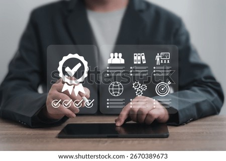 Quality Control and Process Management Concept, Businessman Reviewing Checklist and Certificate, Employee Training, Corporate Goal Setting,Workplace Efficiency, Leadership, Strategic Business Success