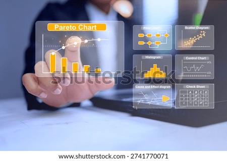 Quality control tool analysis or QC 7 tools concept with businessman pointing on pareto chart represents monitoring problem aim to root cause 80 result 20 percent for save time to finding a problem