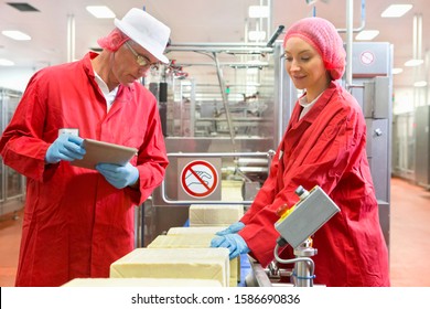 Quality control workers with digital tablet examining cheese on production line in processing plant