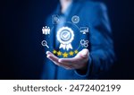 quality guarantee process and satisfaction with customers, service best certification industrial. quality control concept. service system business certificate standard iso digital technology