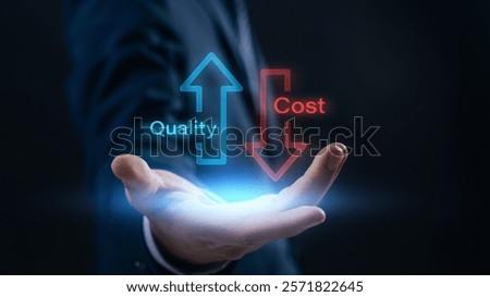 Quality improvement and cost management visualization for success. Digital interface showcasing strategic planning and performance enhancement through innovation and decision making.