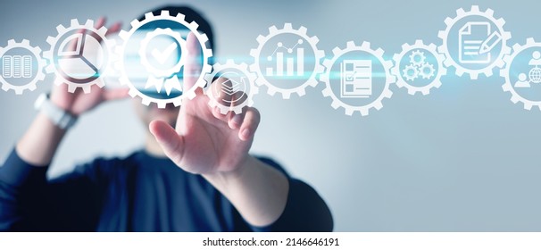  Quality management with QA (assurance), QC (control) and improvement. Standardisation and certification concept. Compliance to regulations and standards. Concept with manager or auditor. - Shutterstock ID 2146646191