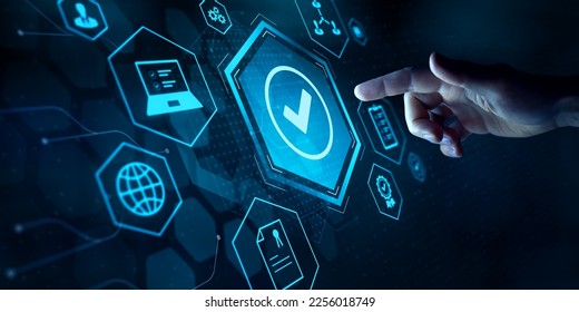 Quality management and validation process. Quality Assurance (QA), Quality Control (QC), certification concept. Compliance to regulations and standards. Finger touching icon on virtual screen. - Shutterstock ID 2256018749