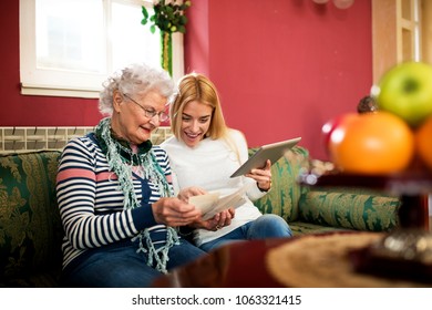 Quality Time Spent With Grandmother, Two Generation Compare Old And New Photos