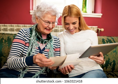 Quality Time Spent With Grandmother, Two Generation Compare Old And New Photos