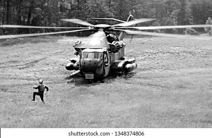 Quantico, Virginia / USA - May 25, 1992: A Sea Stallion CH53 U.S. Marine Helicopter Ready To Take Off On An Orientation Flight For Naval Academy Midshipmen At Marine Corps Base Quantico.