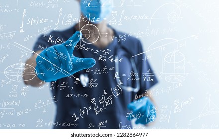 Quantitative analyst is drawing different math formulas on the glass screen.