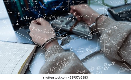 Quantitative analyst is drawing different math formulas on the glass screen.