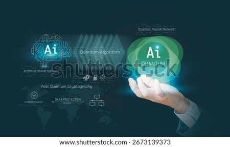 Quantum AI and Agentic Cyber Security concept with post-quantum cryptography, cloud computing, scam alert, and artificial intelligence, symbolizing innovation, protection, and digital improvements.