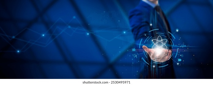 Quantum Computing: Advancing Innovation, Cutting-edge Technology, Quantum Algorithms, Futuristic Solutions. Businessman Holds Quantum Computing on Global Structure Network and Technological Interface.