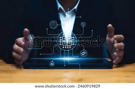Quantum Computing and AI Synergy: Businessman Enhances Efficiency and Strategic Thinking with Digital Tablet for Future Computer Performance.