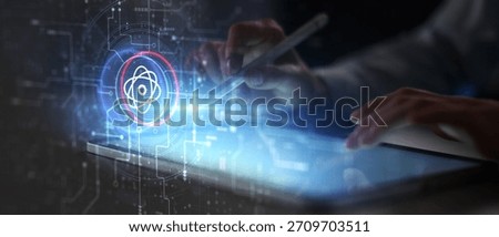 Quantum Computing and Atomic Energy Symbol Illustrated on Futuristic Digital Interface.