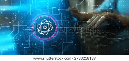 Quantum Computing and Atomic Energy Symbol Illustrated on Futuristic Digital Interface.