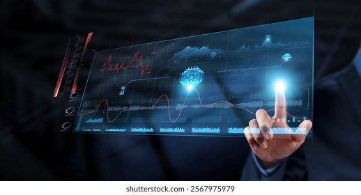 Quantum Computing: Businessman analyzes data strategy with graph on digital screen. High-speed processing, complex problem-solving, data encryption, machine learning, algorithm development.