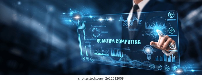 Quantum Computing: Businessman analyzing digital screen of Graph data and quantum algorithms, computational power, data processing, machine learning, and optimization.