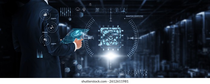 Quantum Computing: Businessman control and monitoring quantum computing technology system on digital screen. processing power, entanglement, algorithm optimization, superposition, data encryption