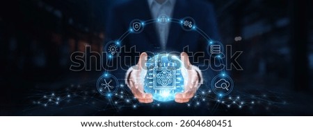 Quantum Computing: Businessman hands hold global quantum computing technology, superposition, entanglement, parallel processing, cryptography, optimization, algorithms, innovation.